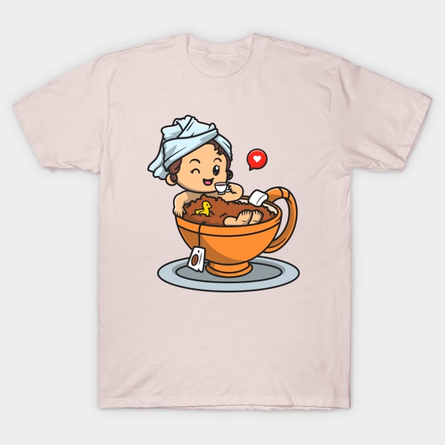 Cute Girl Bathing In Cup Tea Cartoon T-Shirt by Catalyst Labs